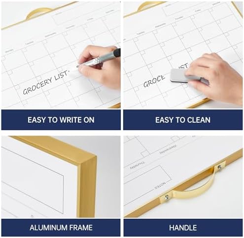 TSJ OFFICE White Board Calendar - 12 X 16 Inches Magnetic Dry Erase Board Monthly Calendar, Double Sided Whiteboard with a Handle, to Do List Notepad for Office, Home, School, Gold Aluminum Frame