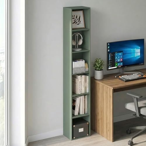 Furinno LUDER Book Shelf, 6-Tier Tall Modern Bookshelf, Bookcase with Open Shelves, 9.3 x 12 x 71, for Living Room, Bedroom, Home Office, Sage Green