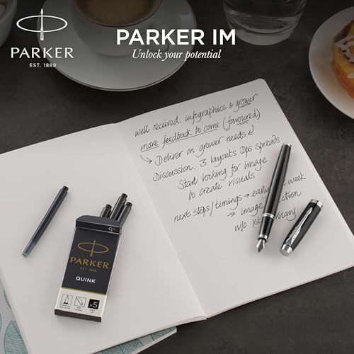 Parker IM Fountain Pen, Black Lacquer with Gold Trim, Fine Nib - Includes Blue Ink Refill and Elegant Gift Box