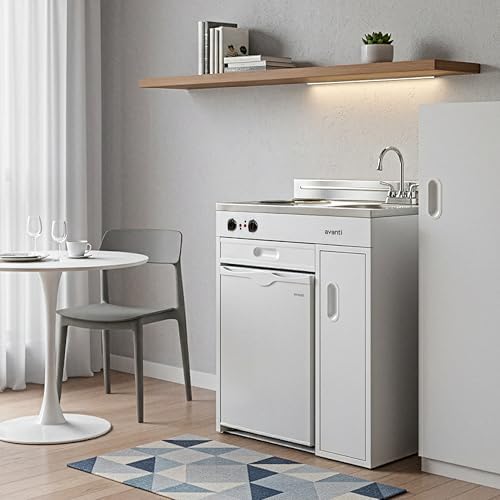 Avanti Full Compact Kitchen, Built in Kitchenette with Stainless Steel Countertop with Sink and Chrome Faucet, Two Element Cooking Range, 2.2 Cu.Ft. Refrigerator & Storage Space, 30-Inch, White