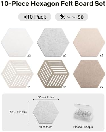 Hexagon Cork Bulletin Board Tiles, 10 Pack Felt Panels for Wall,