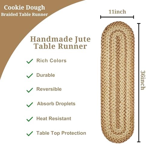 Homespice Cookie Dough Braided Table Runner for Rustic Decor, Oval 11x36