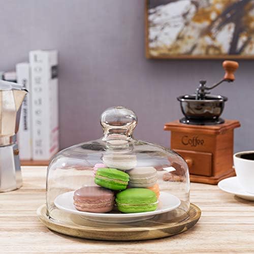 MyGift Cloche Dome Clear Glass Dessert Cheese Serving Tray 7.5 Inch Small Cake Cupcake Stand with Acacia Wood Base for Party Wedding (Pack of 4)