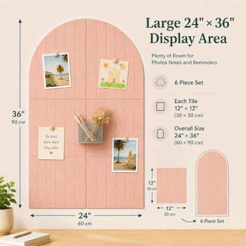 Arched Felt Bulletin Board for Home Office, Bedroom & Classroom Wall Decor, Large 36 x 24 Felt Pin Board with 6 Customizable Tiles and Adhesive Tabs for Photos & Memos