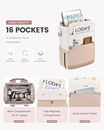 LOVEVOOK 18 Inch Laptop Backpack for Women, Large Capacity Travel Backpack with Organizer Bag, Waterproof Carry on Backpack Purse Work Bag with USB Port for College Teacher Nurse, 2PCS