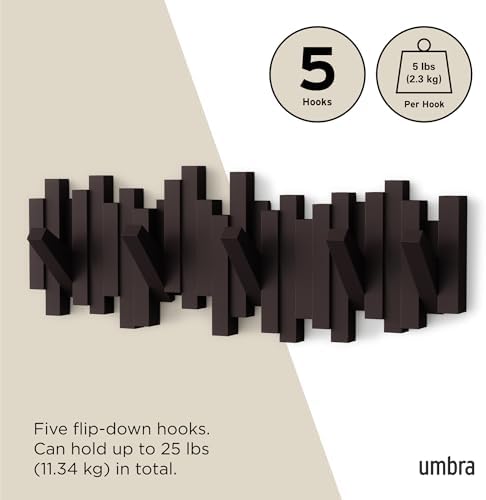 Umbra Sticks Wall Mount Coat Rack, 5 Hook Retractable Pegs, Espresso