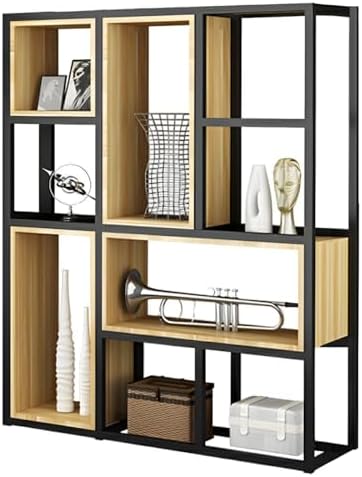 Wood Industrial Cube Bookcase with Shelves & Open Back Iron Bookshelf Floor Steel & Wood Shelf Multi-Layer Shelf Storage Rack Office Partition Display Rack Natural 47.2" L x 9.8" W x 63" H