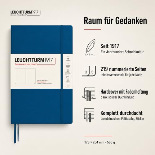LEUCHTTURM1917 - Notebook Hardcover Composition B5-219 Numbered Pages for Writing and Journaling (Indigo, Plain)