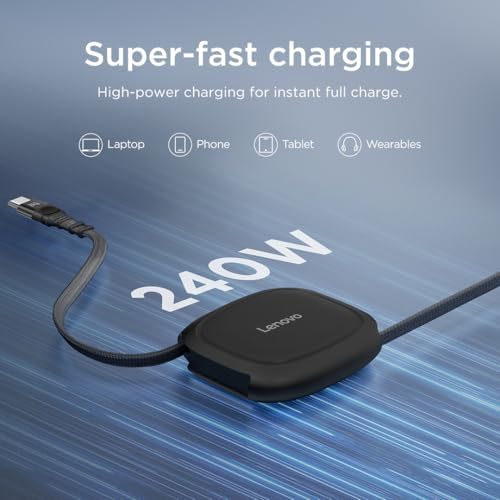 Lenovo 240W USB-C Retractable Cable, PD Fast Charging USB-C to USB-C, Smart Retractable Design, 1.2m (3.94 Ft), 480Mbps Data Transfer, Compact Portable Charger Cable for Laptop Tablet Phone, Black