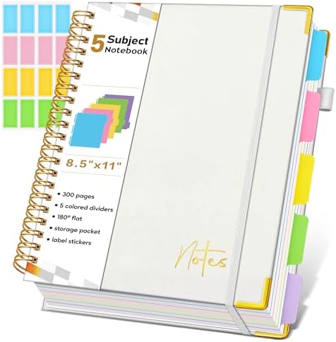 Spiral Notebook Journal with Removable Dividers Tabs, 300 Pages Hardcover Leather 5 Subject College Ruled Notebook, 8.5"x11" Large A4 Lined Journal for Women Men, Spiral Notebook for Work School,Beige