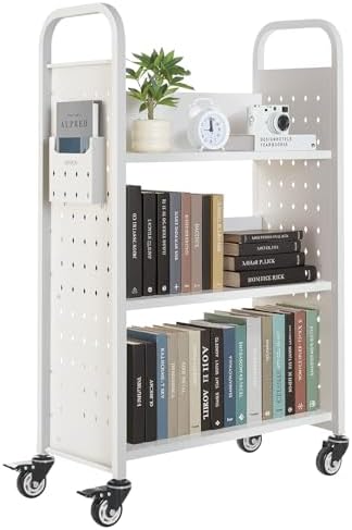 VEVOR Rolling Library Book Cart, 330 lbs Capacity, 30.3 x 15 x 48.0-Inch Library Cart, Single Sided L-Shaped Shelves with 3-Inch Lockable Wheels, Book Truck for Home Shelves Office and School, White