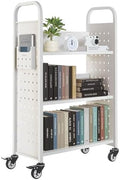 VEVOR Rolling Library Book Cart, 330 lbs Capacity, 30.3 x 15 x 48.0-Inch Library Cart, Single Sided L-Shaped Shelves with 3-Inch Lockable Wheels, Book Truck for Home Shelves Office and School, White