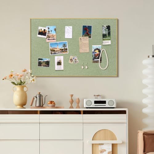 SELEAD Linen Bulletin Board 30” x 20” - Golden Aluminum Frame, Green Fabric
