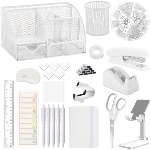 Office Supplies,Desk Accessories,Stapler and Tape Dispenser Set,1000 Staples,Staple Remover,Pen Holder,Folding Phone Holder,Journal Notebook,Ballpoint Pen,Scissor,Ruler,Clear Tape,Sticky Notes,Ect