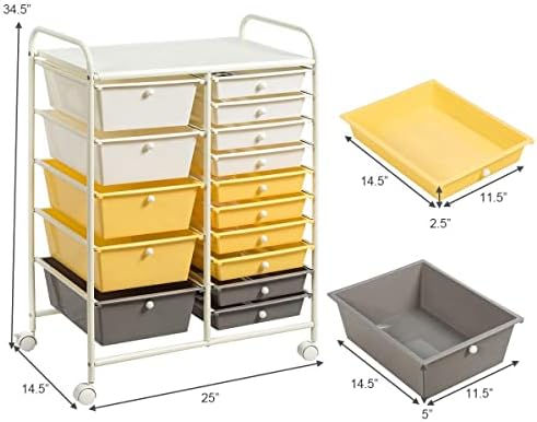 COSTWAY 15 Drawer Rolling Storage Cart, Mobile Utility Cart with Lockable Wheels, Drawers, Multipurpose Organizer Cart for Home, Office, School, Yellow