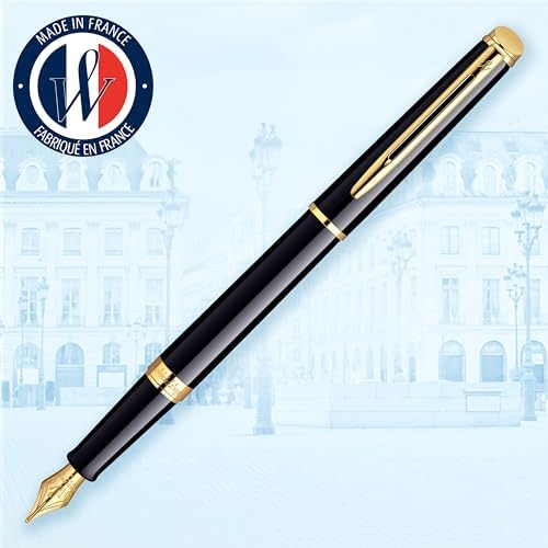 Waterman Hémisphère Fountain Pen Black with Gold Trim Medium Nib Blue Ink Gift Box