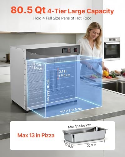 VEVOR Electric Hot Box Food Warmer, 4-Tier Commercial Warming Cabinet with Water Tray, Double-Door and Adjustable Shelves, Stainless Steel Food Warmer Cabinet, for Restaurant, Kitchen, Pizza, Chicken