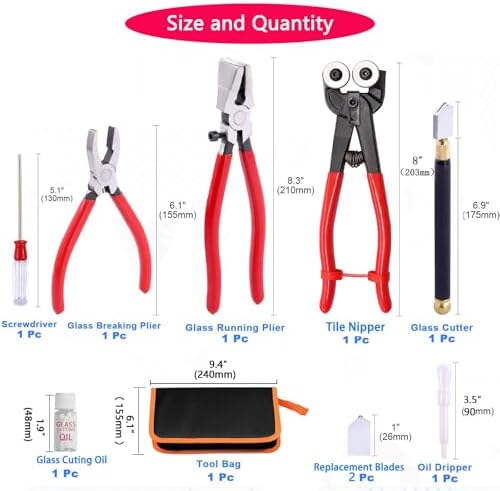 Glass Cutting Tool Kit with Tile Nipper, Glass Cutter,Running Pliers, Breaker Pliers, Replacement Blades, Storage Case for Stained Glass, Tiles, Mosaic, Mirrors