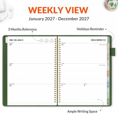 SUNEE 2027 Weekly & Monthly Planner 9"x11.2"- 12 Month (January 2027 - December 2027), Vegan Leather Cover, Pocket, Bookmark, Notes, Monthly Tab, Deep Green