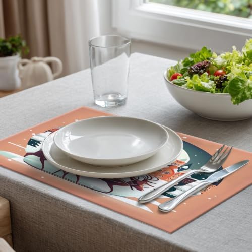 Batmerry Christmas Santa Claus Linen Placemats Set of 8, Reindeer Winter Cityscape Orange Washable Table Mats for Kitchen Table Thickened Heat Insulation Dining Set Indoor Outdoor 12X18 in