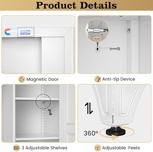 71" Metal Storage Cabinet with Hanging Rod, Tall White Wardrobe Closet with 3 Adjustable Shelves, Heavy Duty Steel Office Armoire, Modern Minimalist Design for Bedroom, Laundry Room