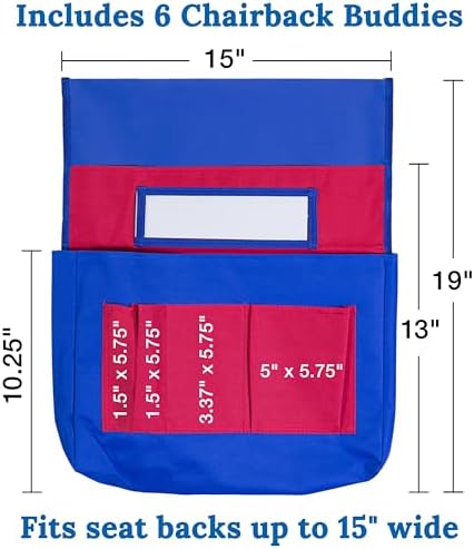 Carson Dellosa Chair Pockets for Classroom, Blue & Red, 6-Pack | Durable 15x19" Chairback Buddy for Classroom Supplies, Desk Buddy Pocket Organizer with Name Tag, Back of Chair Storage