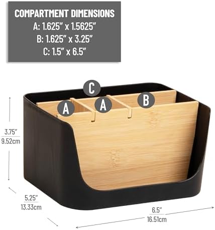 Mind Reader 5-Compartment Desktop Organizer, Adjustable Caddy, Plastic and Wood, Black