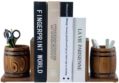 MyGift Rustic Wood Bookends with Pen Holders, Wine Barrel Design, 1 Pair | Built-in storage cups keep pens, pencils, and desk essentials organized while supporting books on shelves or desktops