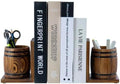 MyGift Rustic Wood Bookends with Pen Holders, Wine Barrel Design, 1 Pair | Built-in storage cups keep pens, pencils, and desk essentials organized while supporting books on shelves or desktops