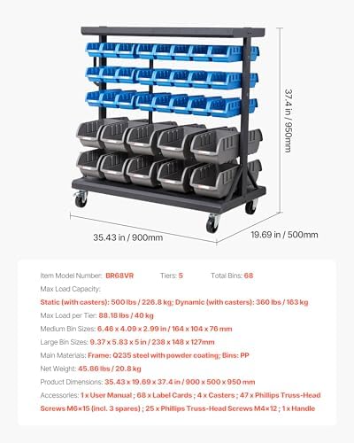 VEVOR 5-Tier Double-Sided Rolling Bin Storage Rack, 68 Plastic Bins, Dual-Sided Parts Organizer with Wheels, Mobile Tool Organizer for Garage, Warehouse, Office, Restaurant, Classroom, Kitchen
