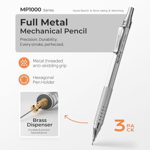 Nicpro Metal Mechanical Pencil Set with Case, 0.5mm Art Pencil, 3 Pack