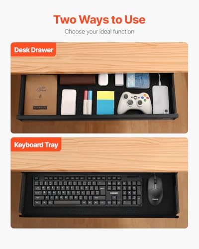 VEVOR Under Desk Drawer Slide Out, 26 inch Under Desk Mounted Pull-out Drawer Attachment, Hidden Under Counter Drawers for office Home Sit Stand Workstation, Black