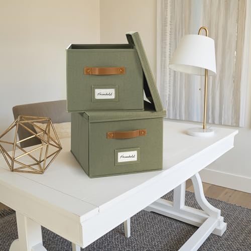 Decorative File Organizer Box Set of 2 - Collapsible Linen Filing Cabinets | Stores Documents and Hanging File Folders - Portable Office Crates with Lid and Handles for Easy Slide Access