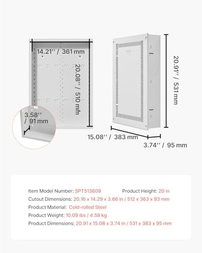 VEVOR Structured Media Enclosure, 20-Inch, Recessed in-Wall Media Box with Cover, Wall-Mount Cable Management Box Kit, Structured Wiring Multi-Media Cabinet, Cold-Rolled Steel, for TV Home Theater