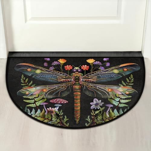Dragonfly Mushroom Flower Half Round Door Mat Non Slip Washable Semi Circle Area Rug Absorbent Soft Half Moon Rug Floor Mat for Indoor Outdoor Kitchen Bathroom Patio Front Door Mat Decor