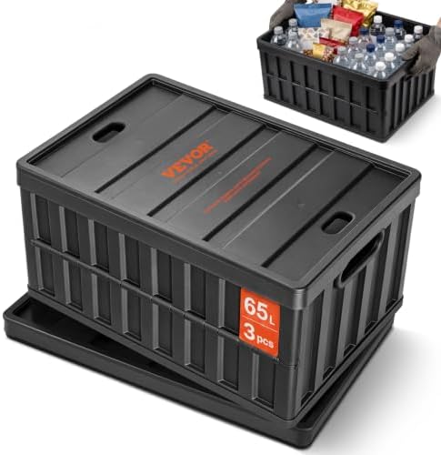 VEVOR 65L Collapsible Storage Bins with Lids 3 Packs, Stackable Crates