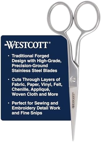 Westcott 5in Forged Fabric and Paper Scissors, Precision Scissors for Embroidery Detail, Sewing, Quilting, Tailoring, Arts and Crafts