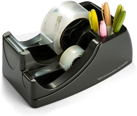 Officemate 2-in-1 Heavy Duty Tape Dispenser - Fits 1 Inch and 3-Inch Cores, Weighted 5.5 lb Base for Stability, Holds Packing and Standard Tape, Storage Compartment for Office Supplies, Black