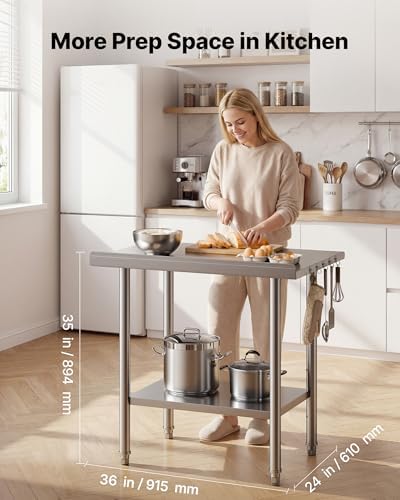 VEVOR Stainless Steel Work Table, 24x36 Inch Food Prep Table with Backsplash, Commercial Kitchen Workstation with Adjustable Undershelf, Metal Heavy Duty Utility Worktable, for Restaurant Home Outdoor