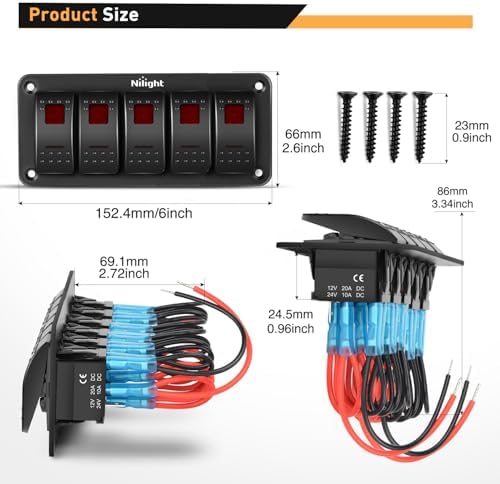Nilight 5 Gang Rocker Switch Panel SPST On Off 5PIN Electrical Toggle Red