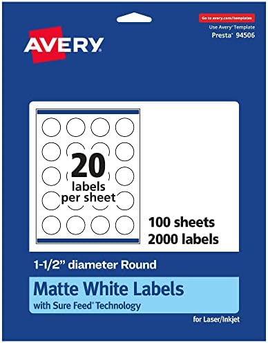 Avery Matte White Round Labels, Sure Feed Technology, 1.5" Diameter, 2,000 Matte White Printable Labels