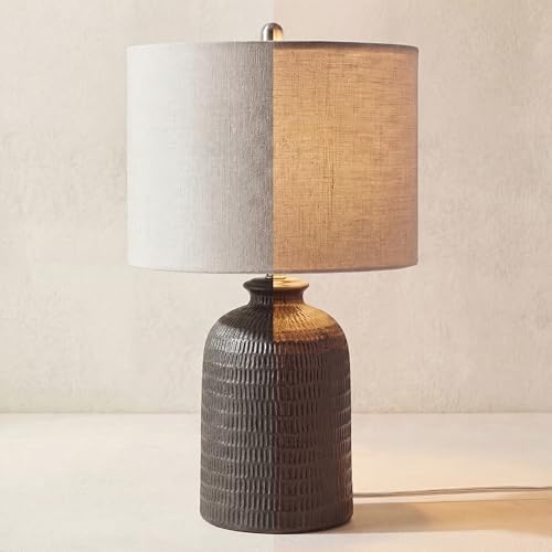 Nourison Home 24" Black Textured Ceramic Table Lamp with Tan Linen Shade, Rustic Farmhouse Accent Lamp, Bedside Lamp for Bedroom, Nightstand, Living Room