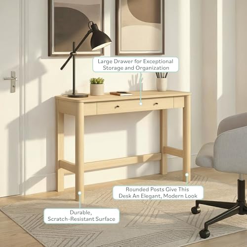 Walker Edison Penelope Modern Writing Desk with Drawer Storage, 44 Inch, Coastal Oak