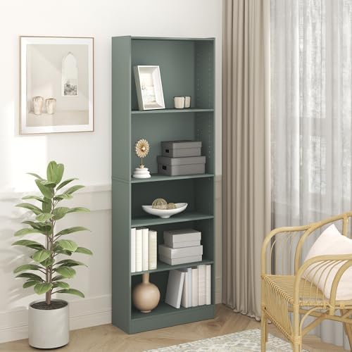 Furinno Jaya Book Shelf, 5-Tier Bookshelf, Bookcase with Adjustable Shelves, 9.5" x 24.5" x 71.2", for Organization and Storage, for Living Room, Bedroom, Home Office, Sage Green