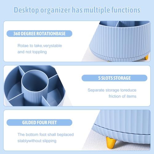 Gawsey Blue Desk Organizers and Accessories with Desk Organizer 360° Rotating Pen Holder and Office Supplies, Cute Stationery Supplies Set