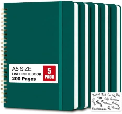 5 Pack Hardcover Spiral Notebooks, 8.3" x 6.3" Lined Journal Set, 100 GSM Bleed-Resistant Paper, 200 Pages Twin-Wire Bound Notebook with Elastic Band & Category Stickers for Office, School
