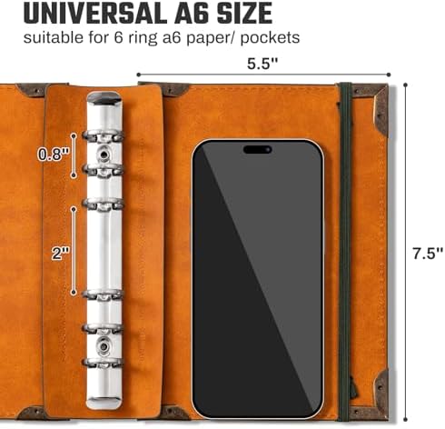 Ovesmusl PU Leather A6 Binder 6 Ring Mini Journal Cover Binder 5.5”x7.5”