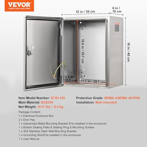 Steel Electrical Box, 16"x 12"x 6", 304 Stainless Steel Electrical Enclosure Box, Wall-Mounted Outdoor Electrical Electronic Equipment Enclosure with Mounting Plate Hinges Lock, IP66 Waterproof