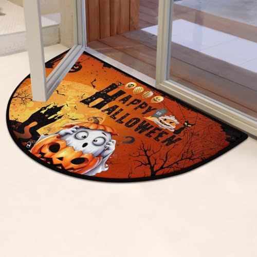 Halloween Ghosts Pumpkin Half Round Door Mat Non Slip Washable Halloween Semi Circle Area Rug Absorbent Soft Pumpkin Half Moon Rug Floor Mat for Indoor Kitchen Bathroom Patio Front Door Mat Decor