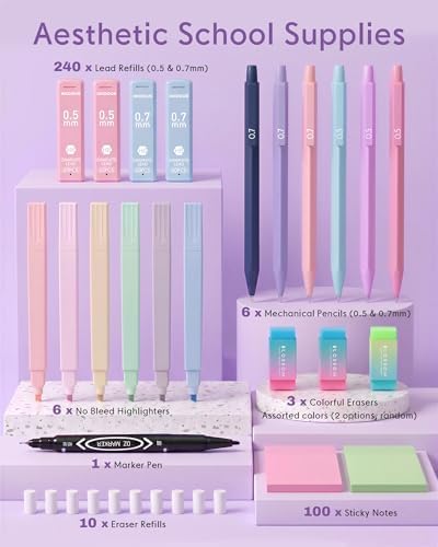 XKDOUS 23 Pcs Mechanical Pencil Set, Aesthetic Stationery Set for School | 0.5 & 0.7mm Mechanical Pencils, 240 Lead Refills, Highlighters, Transparent Sticky Notes Set for Back to School